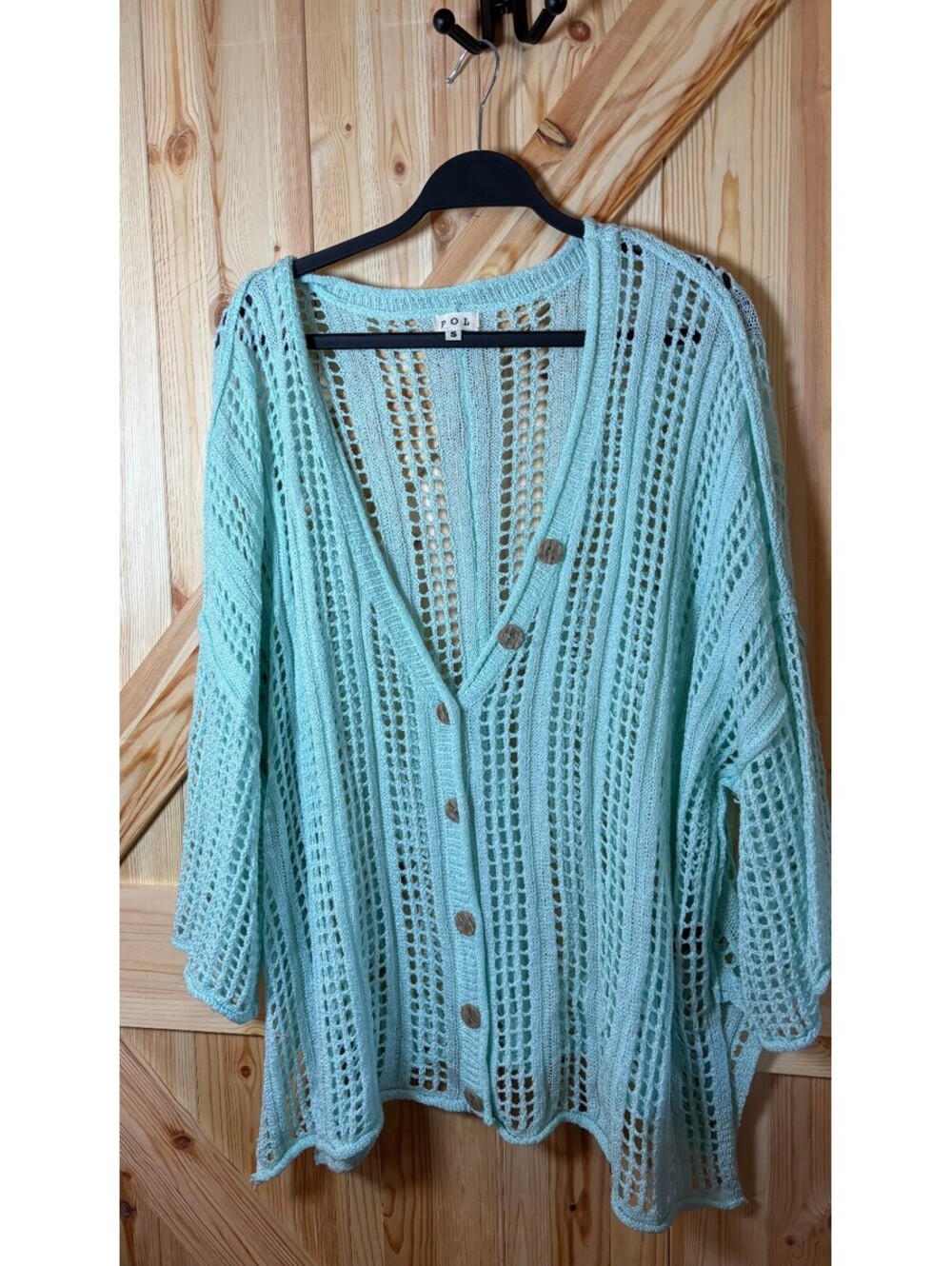 POL Light Mint Green Open Knit Button-Up Cardigan Sweater Size S